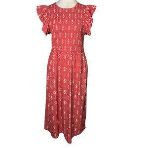 Michelle McDowell Medium Pink Print Ruffle Cap Sleeve Smocked Midi Dress
